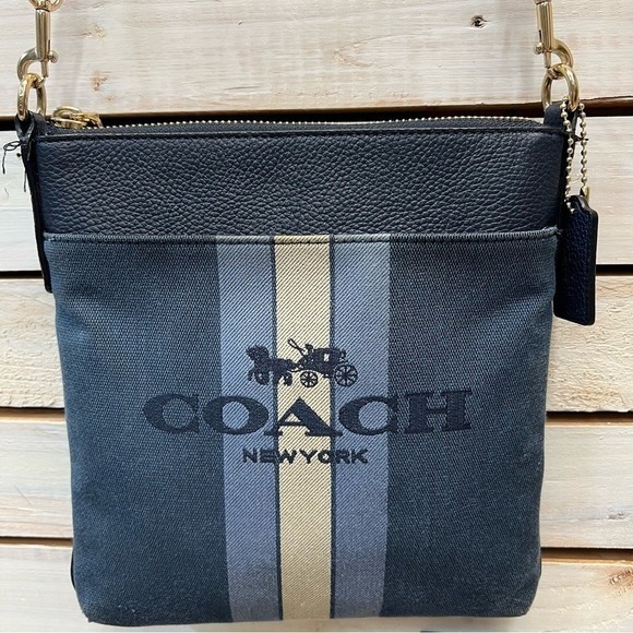Coach Handbags - Coach Kitt Crossbody Bag Navy Canvas Stripe Logo Leather Trim F11979